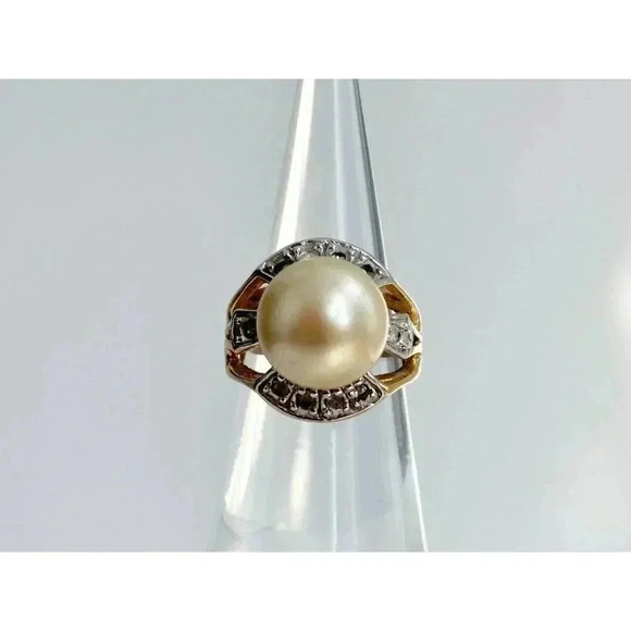 Vintage Gold Tone Gemstone Lined Split Shank Faux Pearl Classic Ring - size 5 - Picture 7 of 9